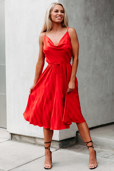 Maribel Striped Satin Cowl Neck Midi Dress (Red) - NanaMacs