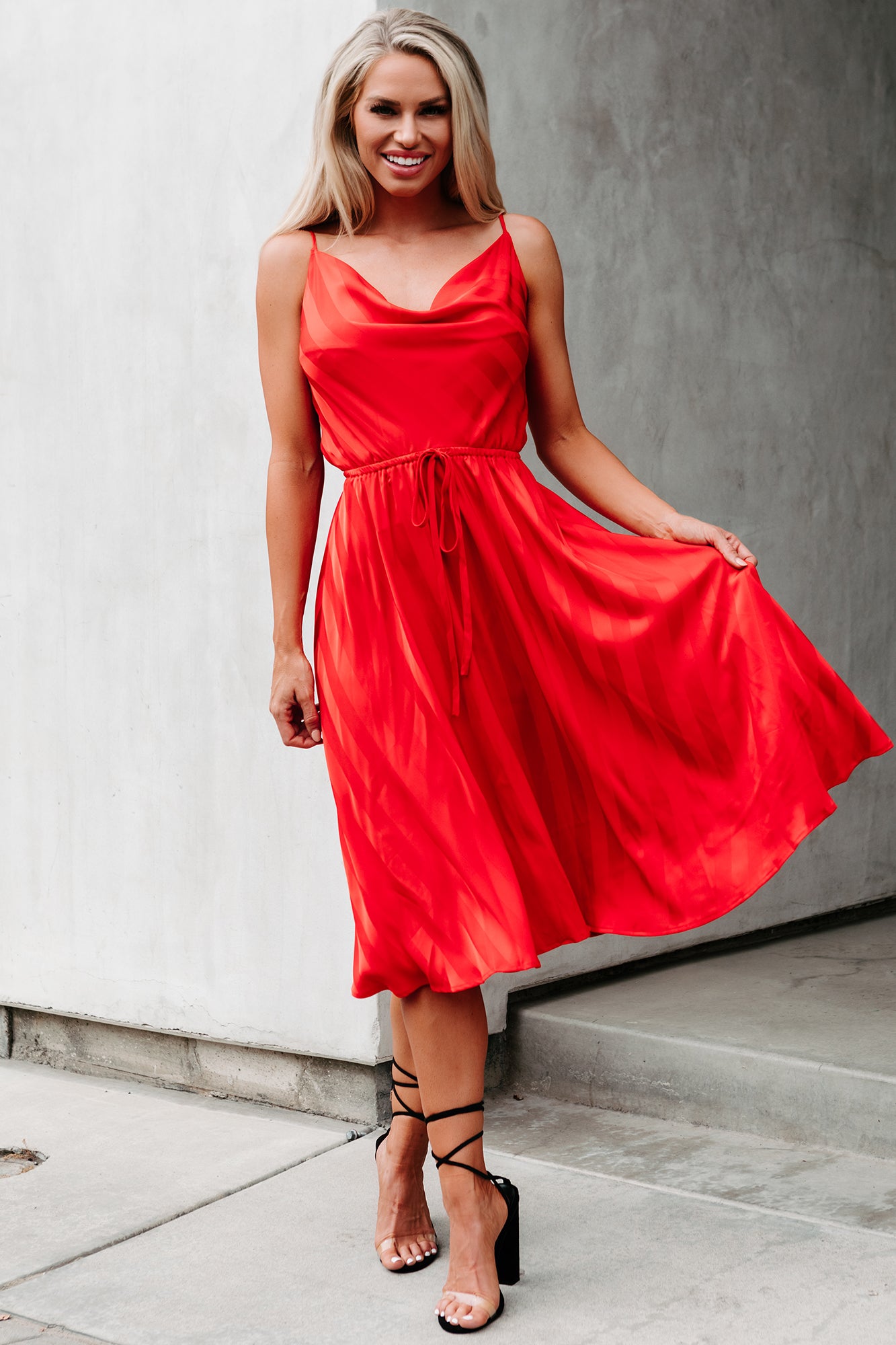 Striped satin midi clearance dress