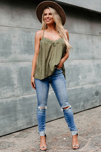 Feeling Serene  Lace Trim Racerback Tank (Olive) - NanaMacs