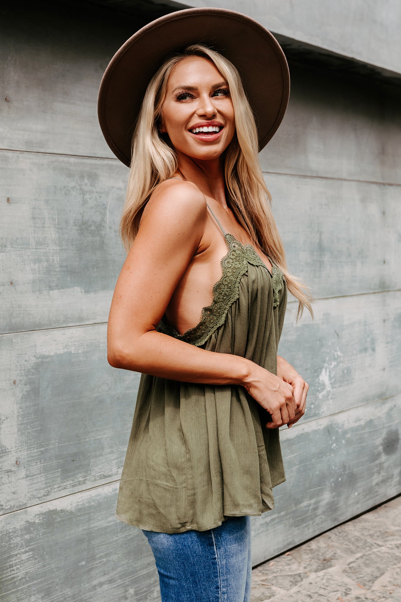Feeling Serene  Lace Trim Racerback Tank (Olive) - NanaMacs