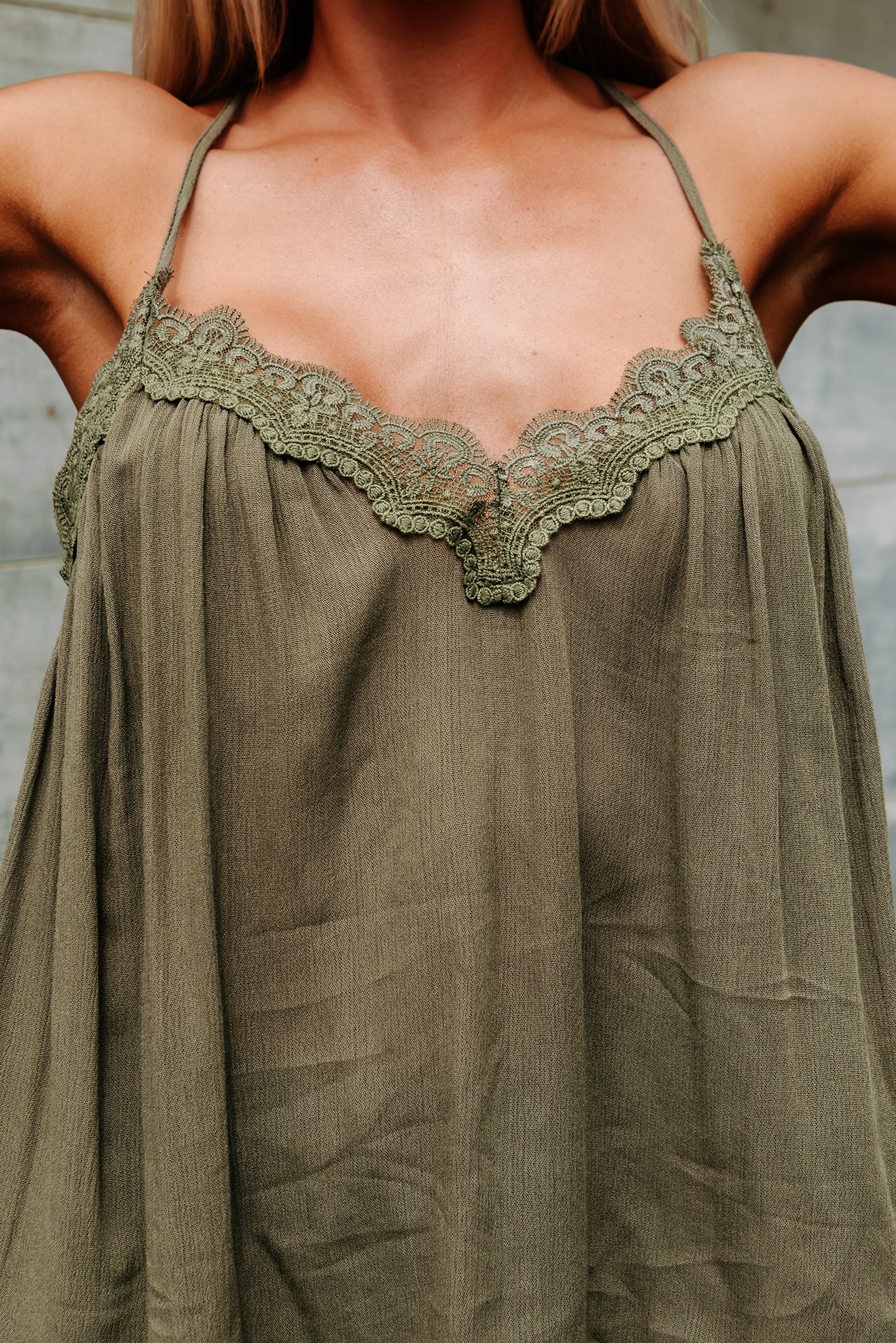 Feeling Serene  Lace Trim Racerback Tank (Olive) - NanaMacs