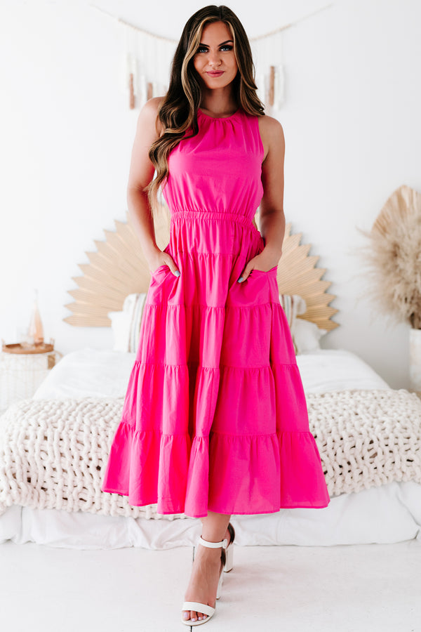 Southern Soul Tiered Cut-Out Midi Dress (Hot Pink) - NanaMacs