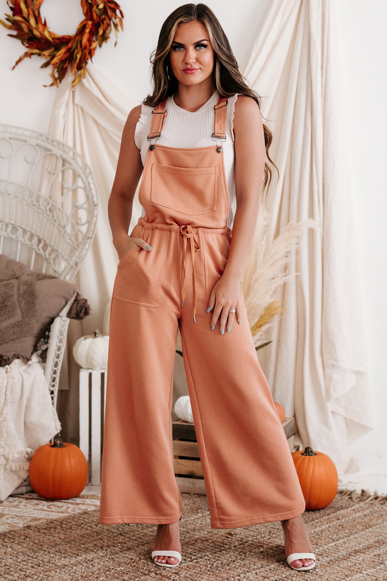 Contagious Smiles Wide Leg French Terry Overalls (Clay) - NanaMacs
