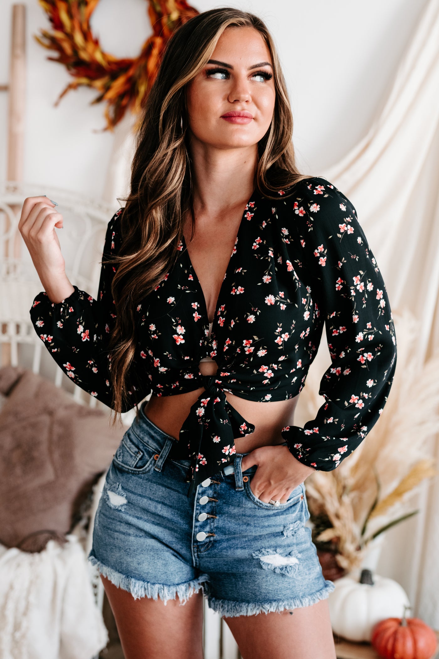 Spilling Secrets Long Sleeve Floral Crop Top (Black) - NanaMacs