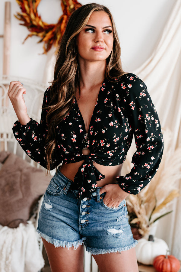 Spilling Secrets Long Sleeve Floral Crop Top (Black) - NanaMacs