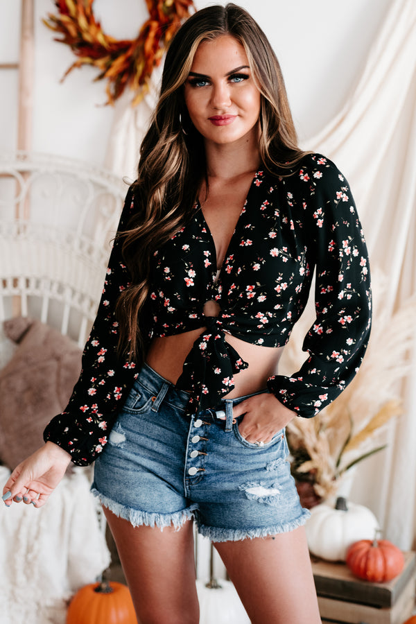 Spilling Secrets Long Sleeve Floral Crop Top (Black) - NanaMacs