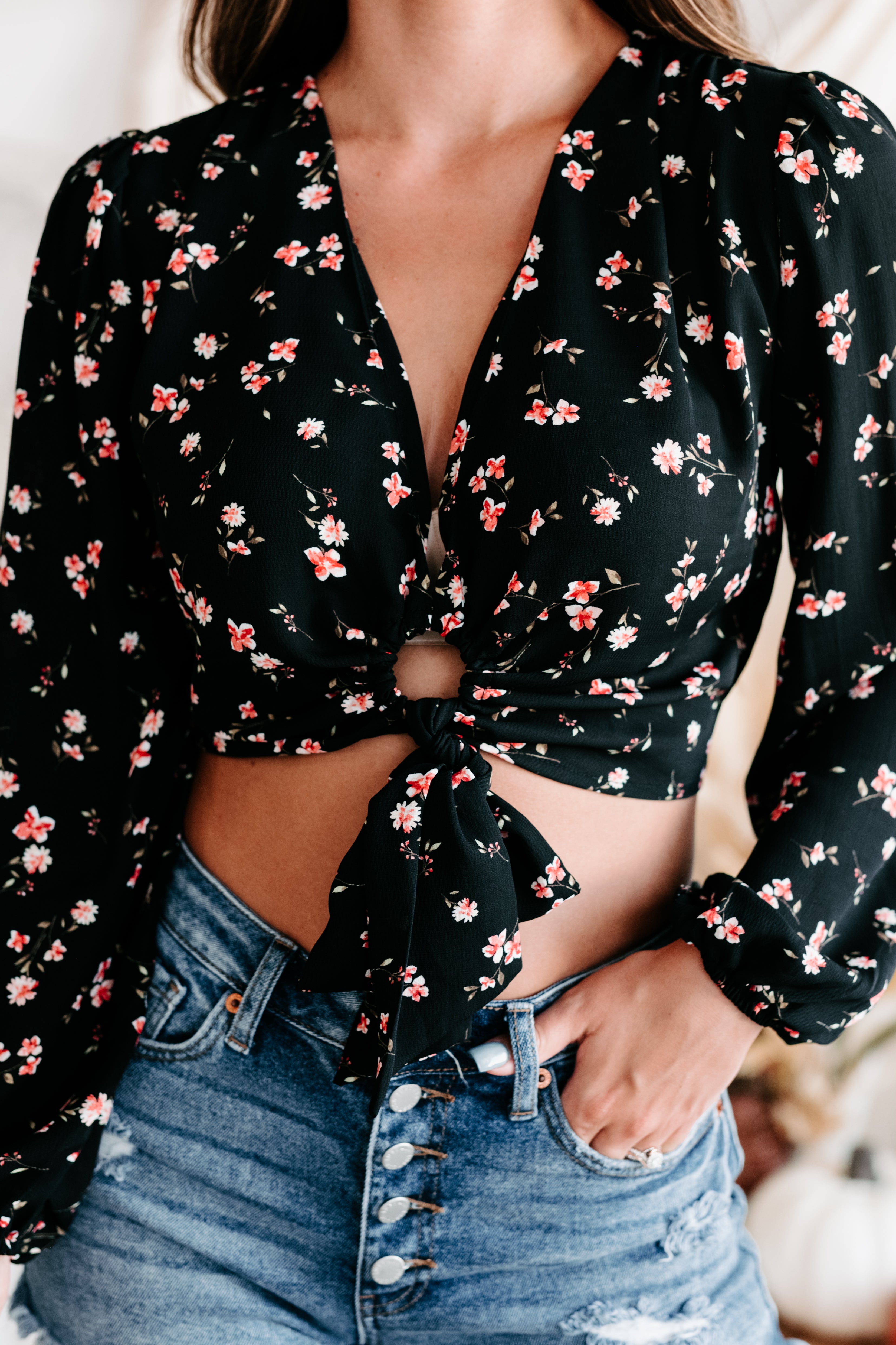 Spilling Secrets Long Sleeve Floral Crop Top (Black) - NanaMacs