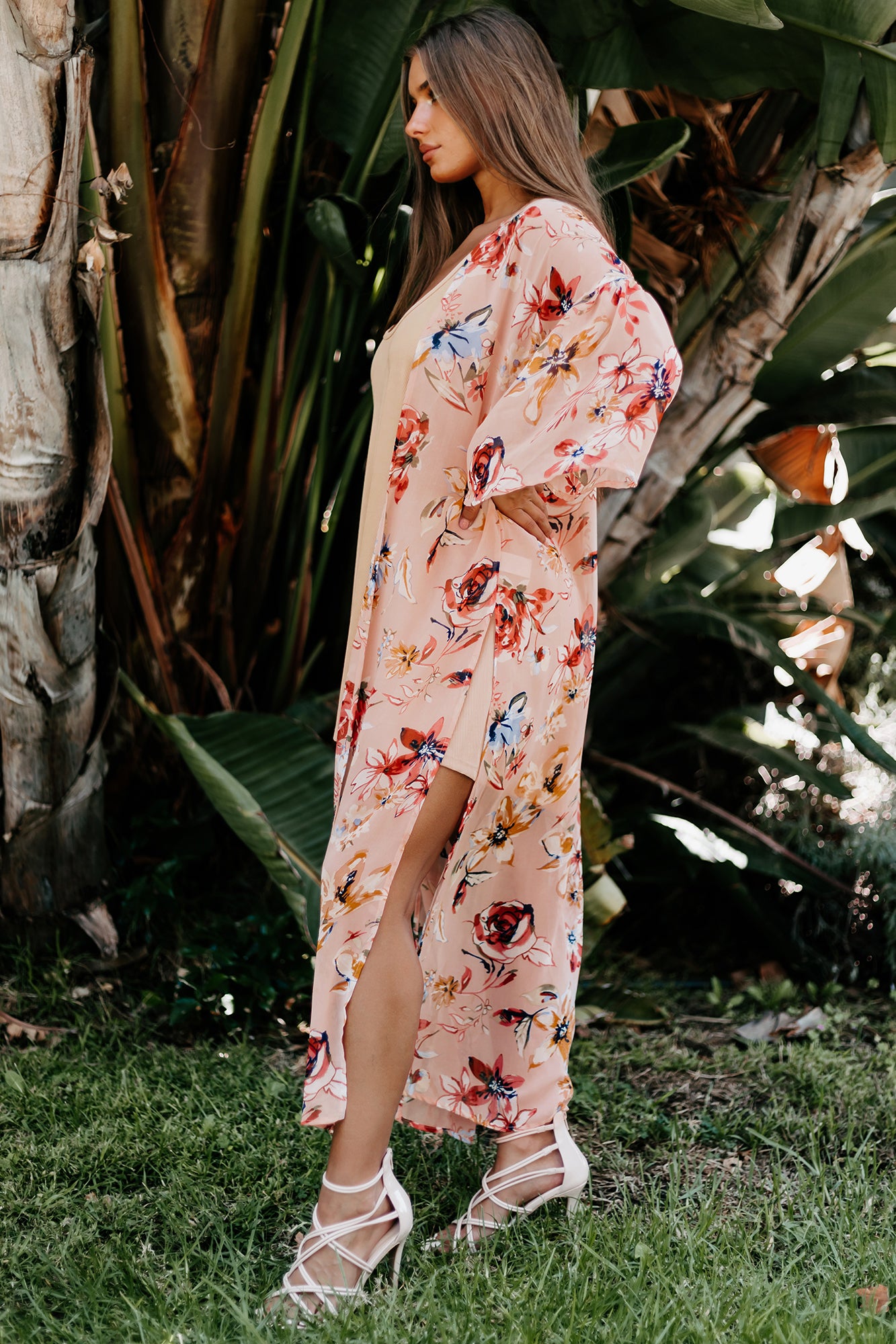 Sunny Solution Floral Print Duster Kimono (Peach) - NanaMacs