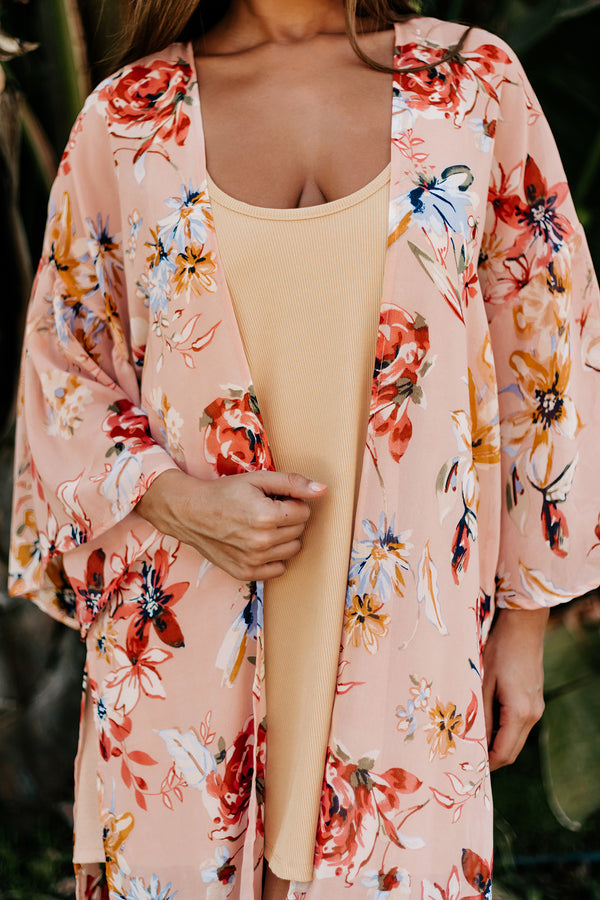 Sunny Solution Floral Print Duster Kimono (Peach) - NanaMacs