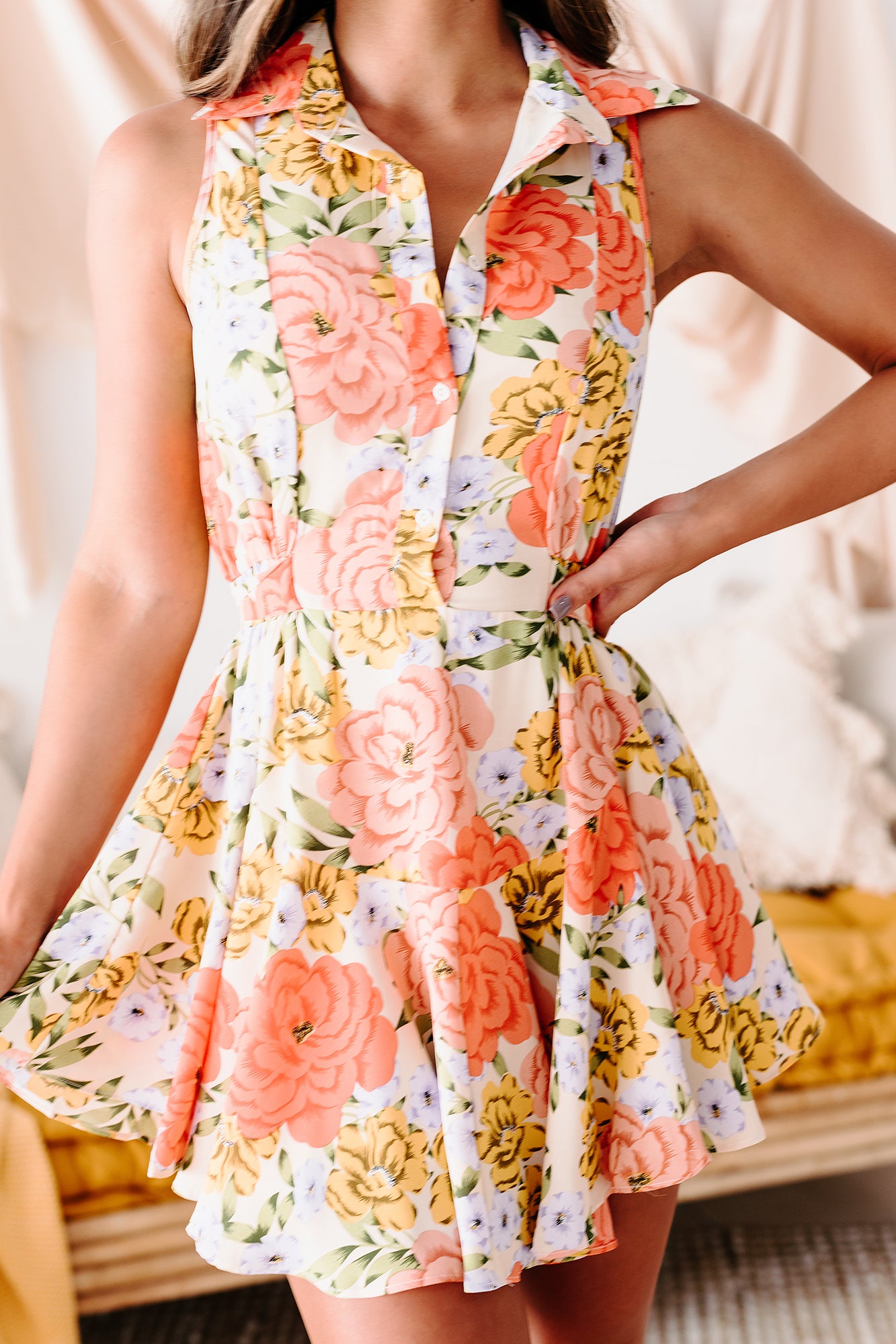 Tanis Sleeveless Floral Button-Down Mini Dress (Peach) - NanaMacs