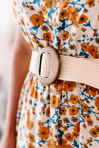 Gone Full Circle Woven Elastic Wood Buckle Belt (Ivory) - NanaMacs