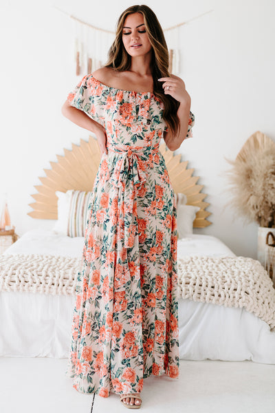 All My Adoration Off The Shoulder Floral Maxi Dress (Taupe) - NanaMacs