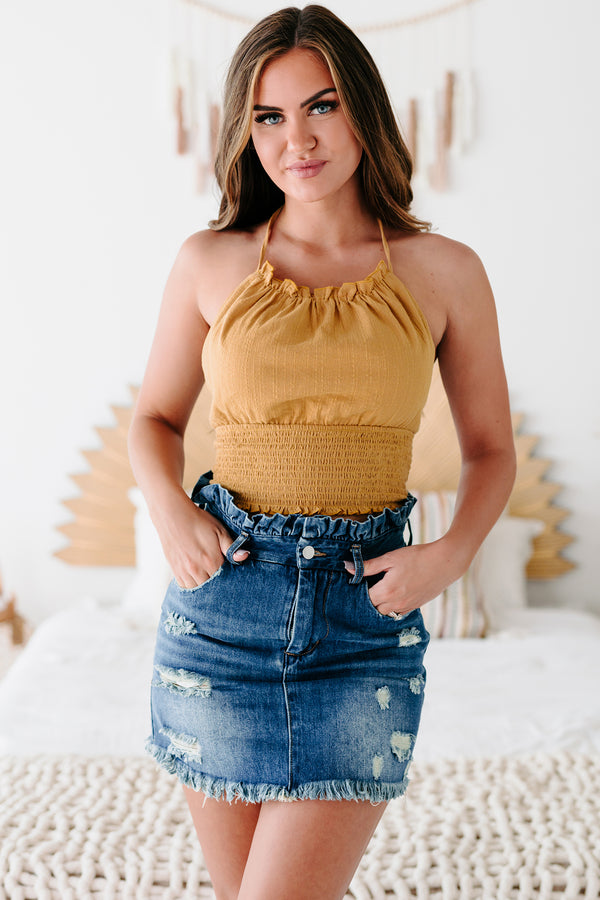 Sun Soaked Smocked Halter Crop Top (Mustard) - NanaMacs