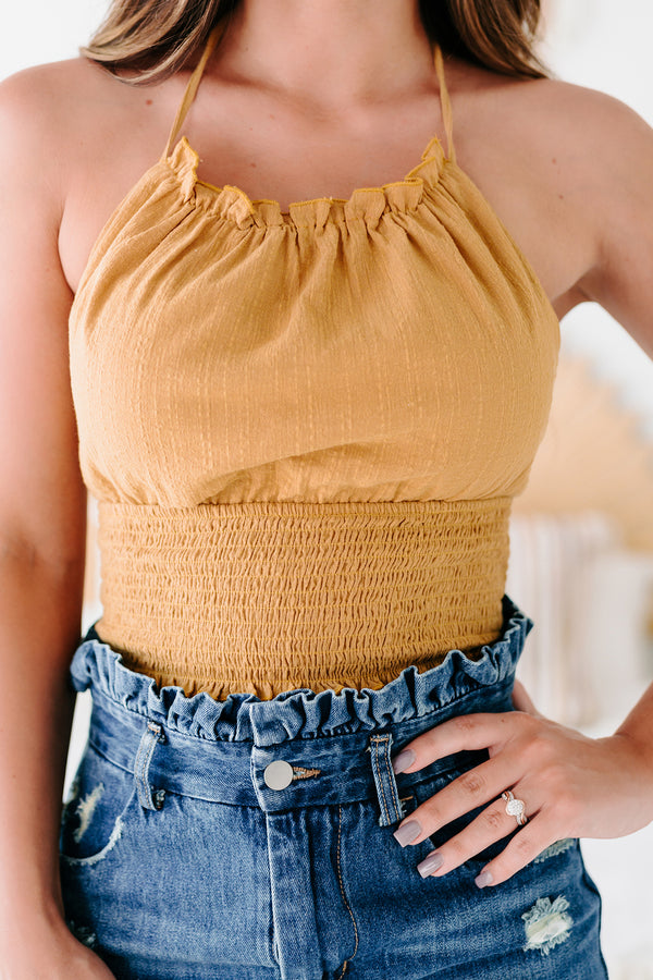 Sun Soaked Smocked Halter Crop Top (Mustard) - NanaMacs