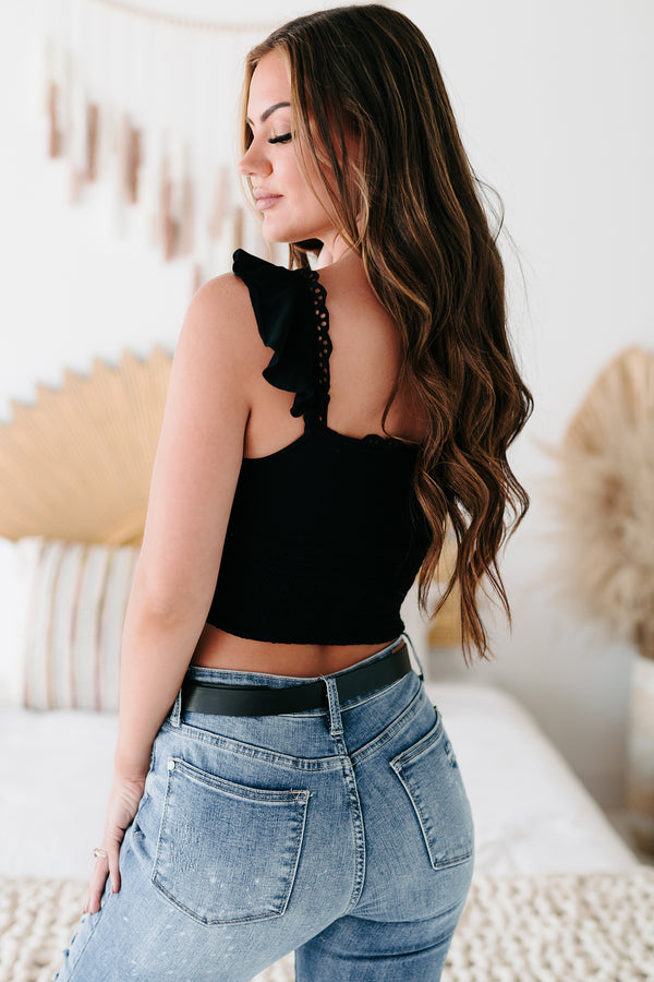 Got A Good Feeling Ruffled Button-Front Smocked Crop Top (Black) - NanaMacs