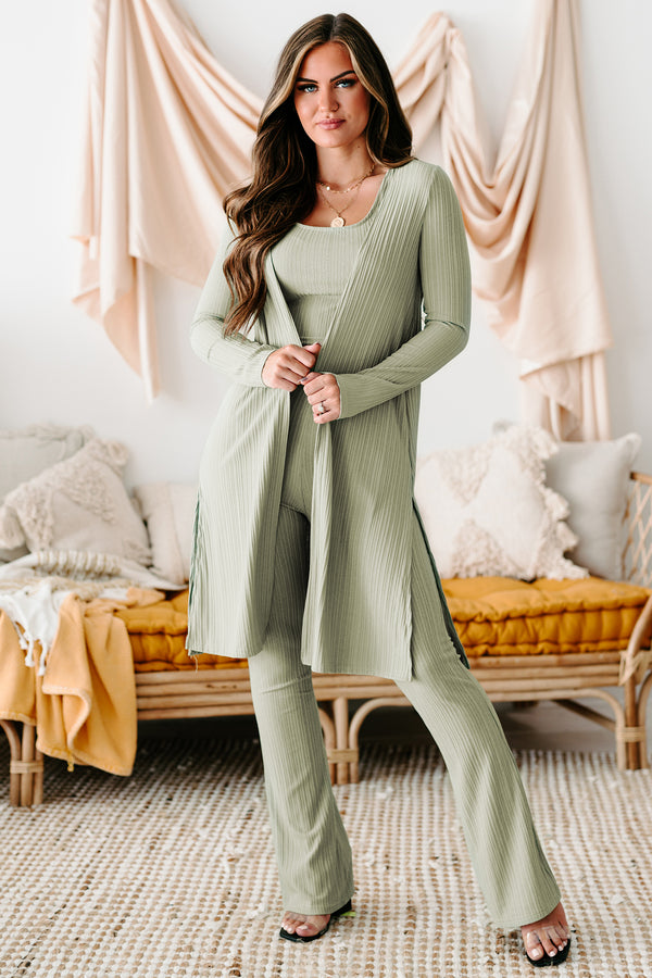 Miss You Already Three Piece Ribbed Lounge Set (Sage) - NanaMacs