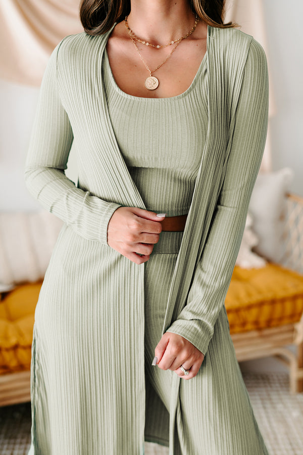 Miss You Already Three Piece Ribbed Lounge Set (Sage) - NanaMacs