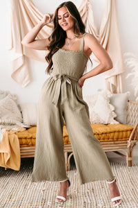 With Glorious Purpose Smocked Front Wide Leg Jumpsuit (Mocha) - NanaMacs