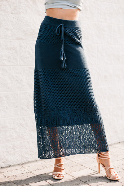 Chasing The Coast Crochet Knit Midi Skirt (Denim) - NanaMacs