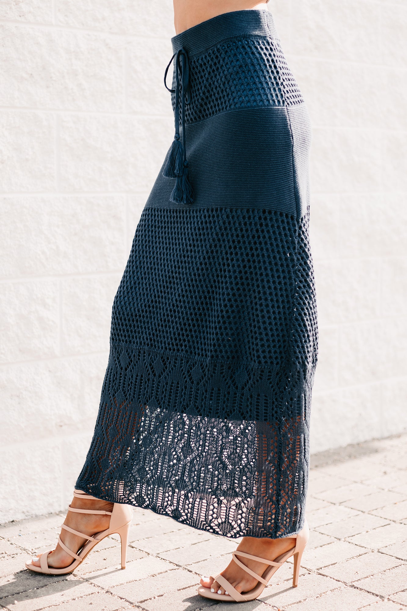 Chasing The Coast Crochet Knit Midi Skirt (Denim) - NanaMacs