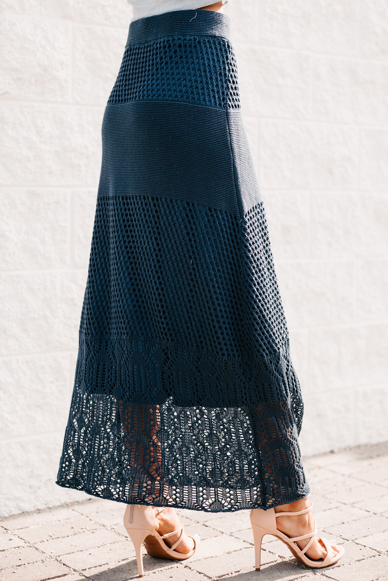 Chasing The Coast Crochet Knit Midi Skirt (Denim) - NanaMacs