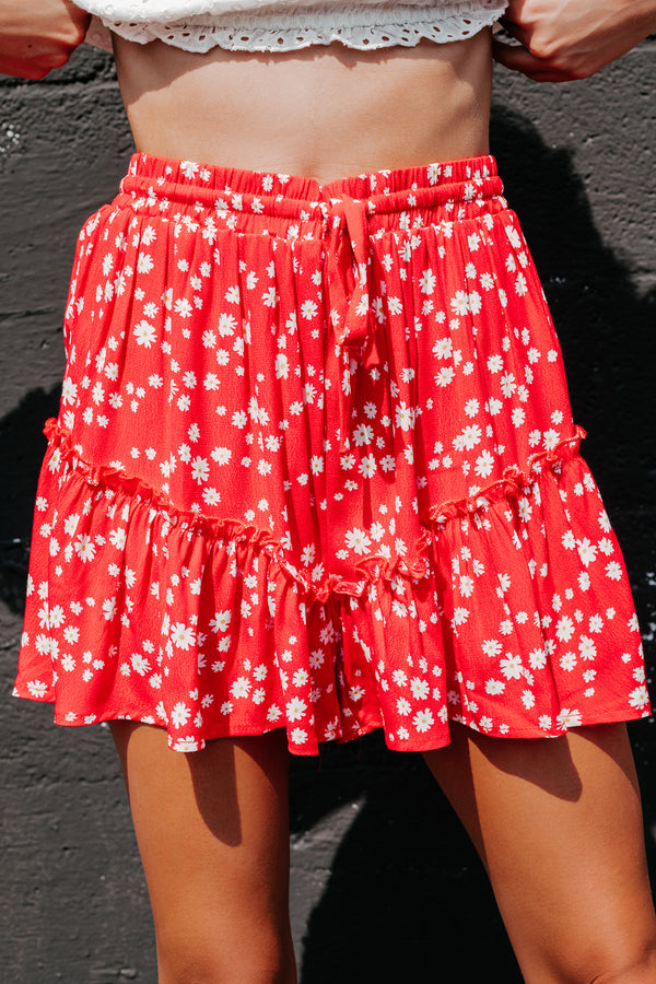 Daisy Dear High Rise Ruffled Floral Print Shorts (Red) - NanaMacs