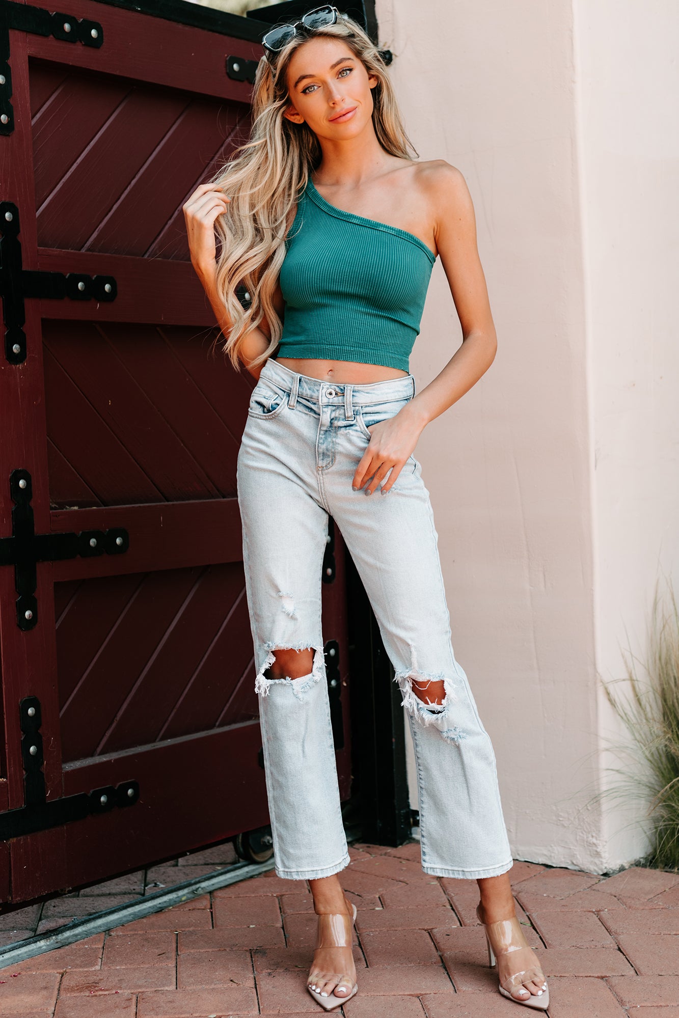 Different From The Rest One Shoulder Crop Top (Vintage Jade) - NanaMacs