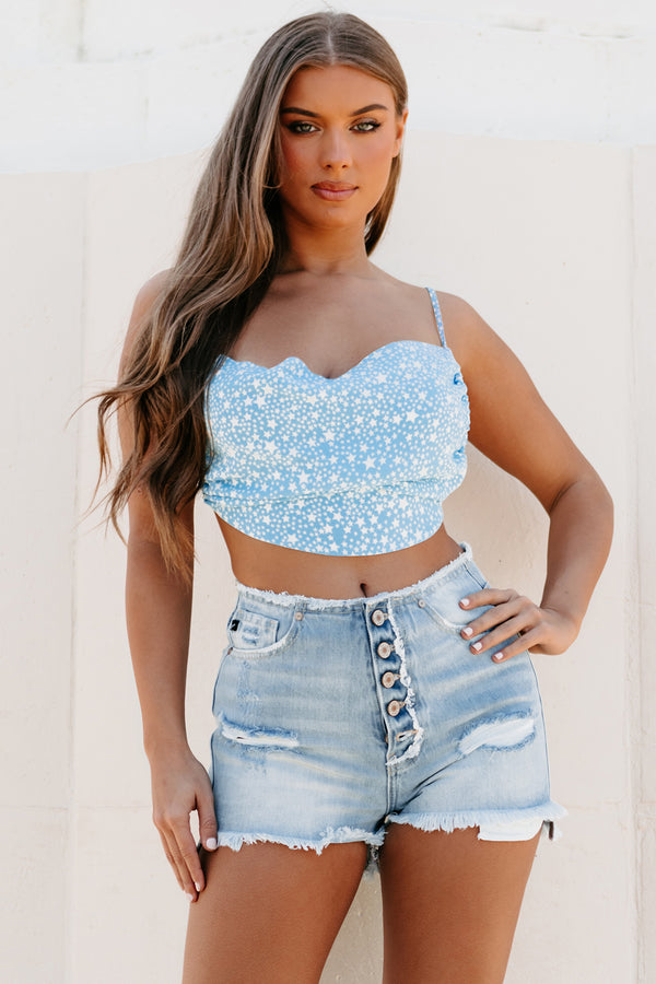 Someday Swoon Star Print Open Back Crop Top (Desert Blue) - NanaMacs