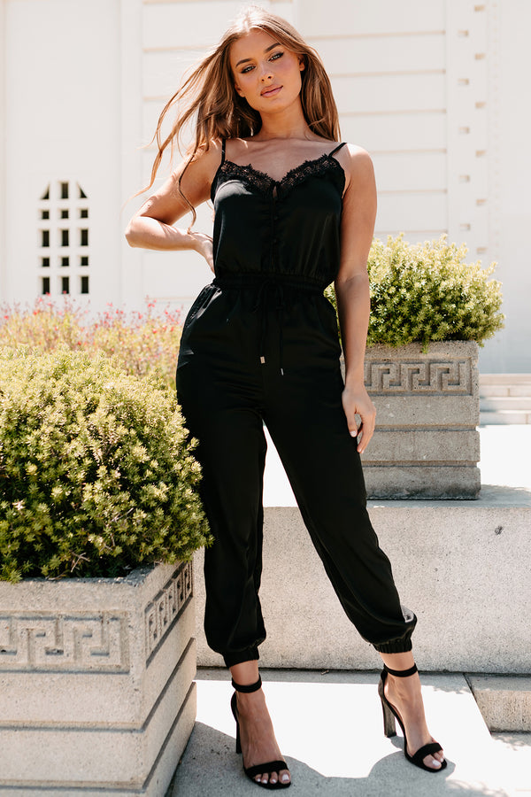 Weekend Affair Lace Trimmed Drawstring Waist Jumpsuit (Black) - NanaMacs