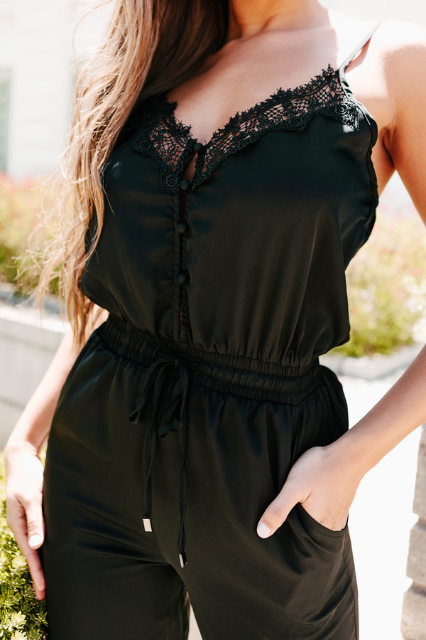 Weekend Affair Lace Trimmed Drawstring Waist Jumpsuit (Black) - NanaMacs