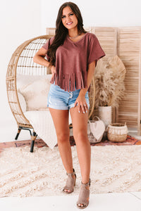 Winona V-Neck Fringed Hem Top (Mauve) - NanaMacs