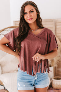 Winona V-Neck Fringed Hem Top (Mauve) - NanaMacs