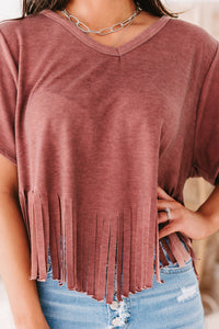 Winona V-Neck Fringed Hem Top (Mauve) - NanaMacs