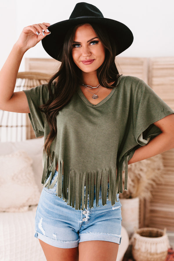 Winona V-Neck Fringed Hem Top (Olive) - NanaMacs