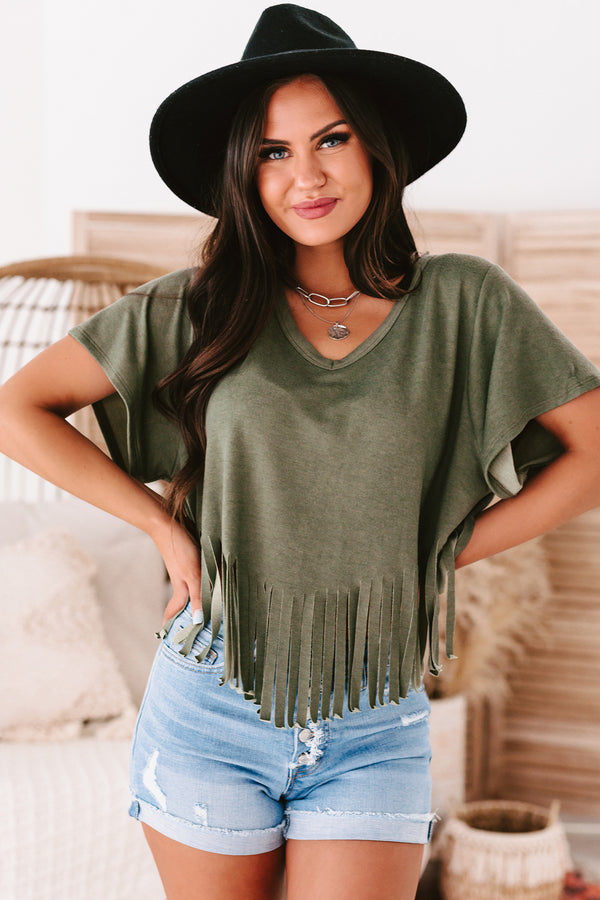 Winona V-Neck Fringed Hem Top (Olive) - NanaMacs