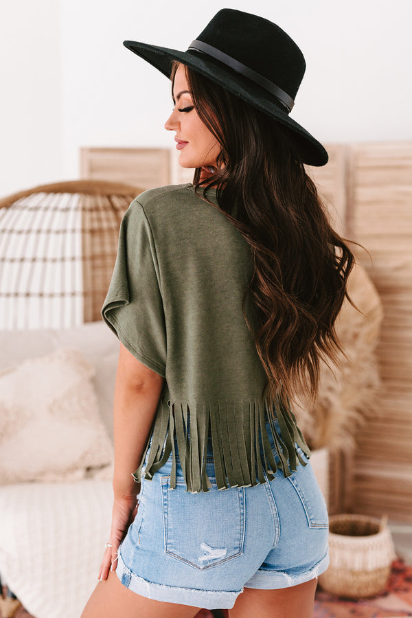 Winona V-Neck Fringed Hem Top (Olive) - NanaMacs