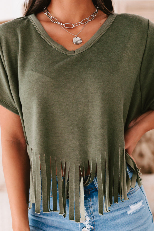 Winona V-Neck Fringed Hem Top (Olive) - NanaMacs