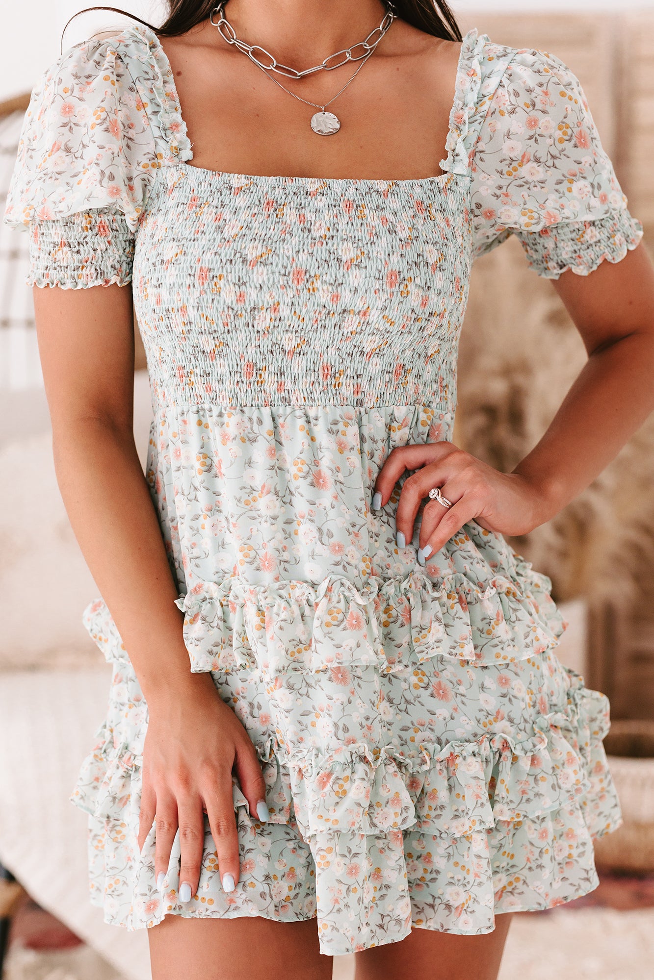 Joyful Expressions Ruffled Floral Print Mini Dress (Dusty Mint) - NanaMacs