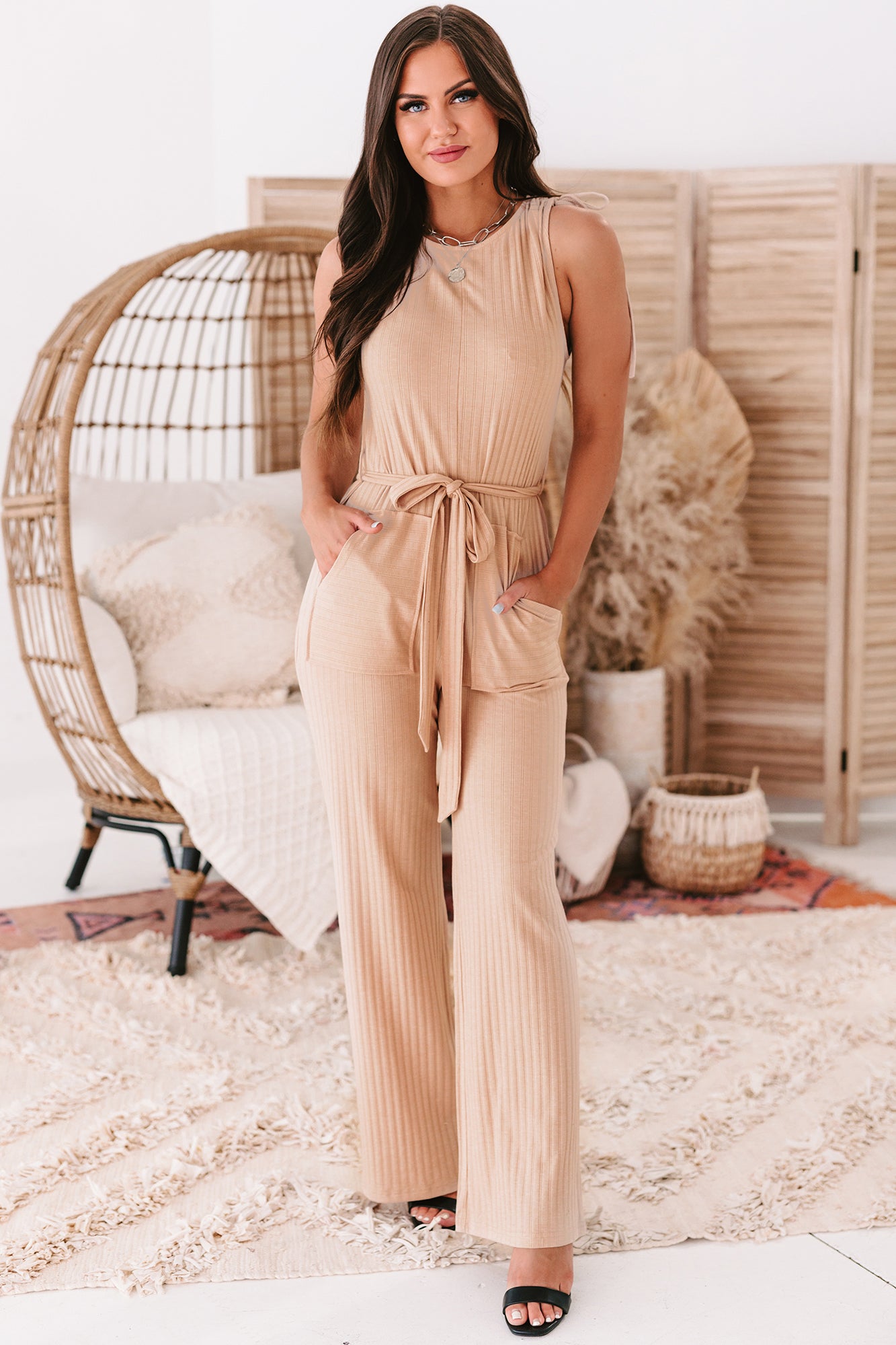 Trudy Ribbed Ruched Shoulder Jumpsuit (Cream)