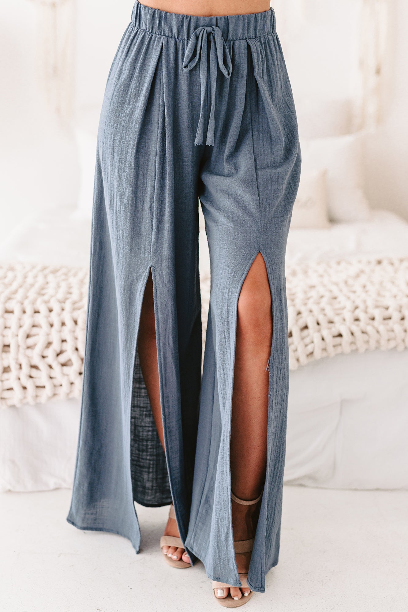 On Borrowed Time Front Slit Wide Leg Linen Pants (Vintage Blue) - NanaMacs