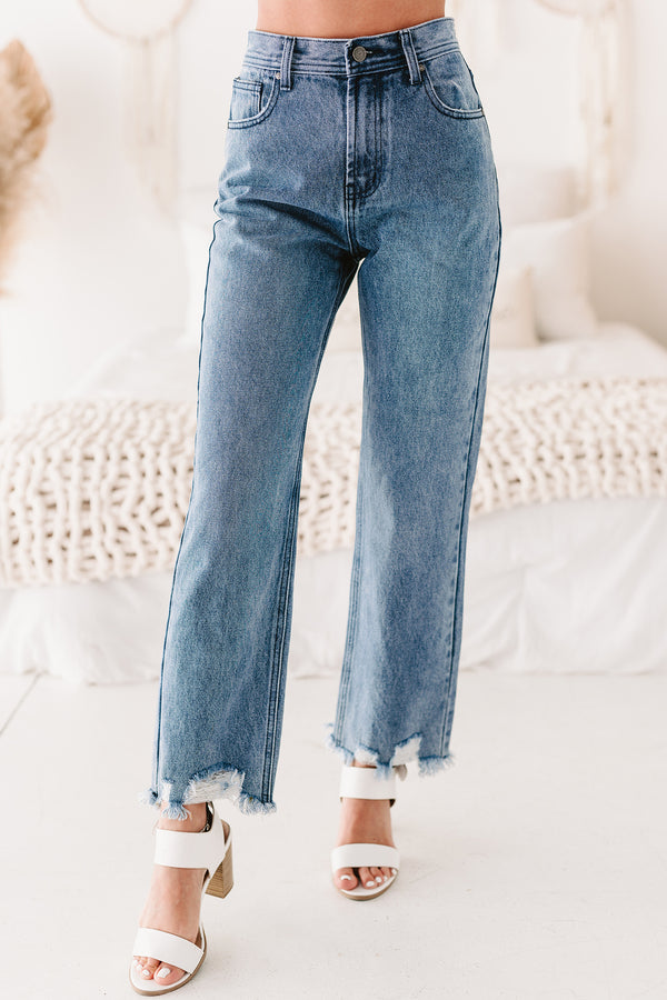 Bernice High Rise Distressed Hem Straight Leg Jeans (Medium Denim) - NanaMacs