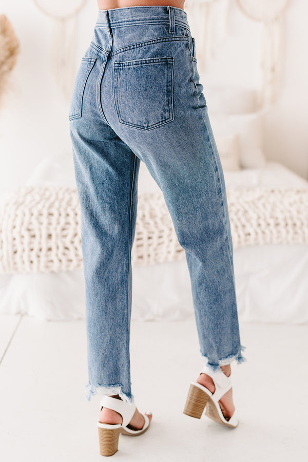 Bernice High Rise Distressed Hem Straight Leg Jeans (Medium Denim) - NanaMacs