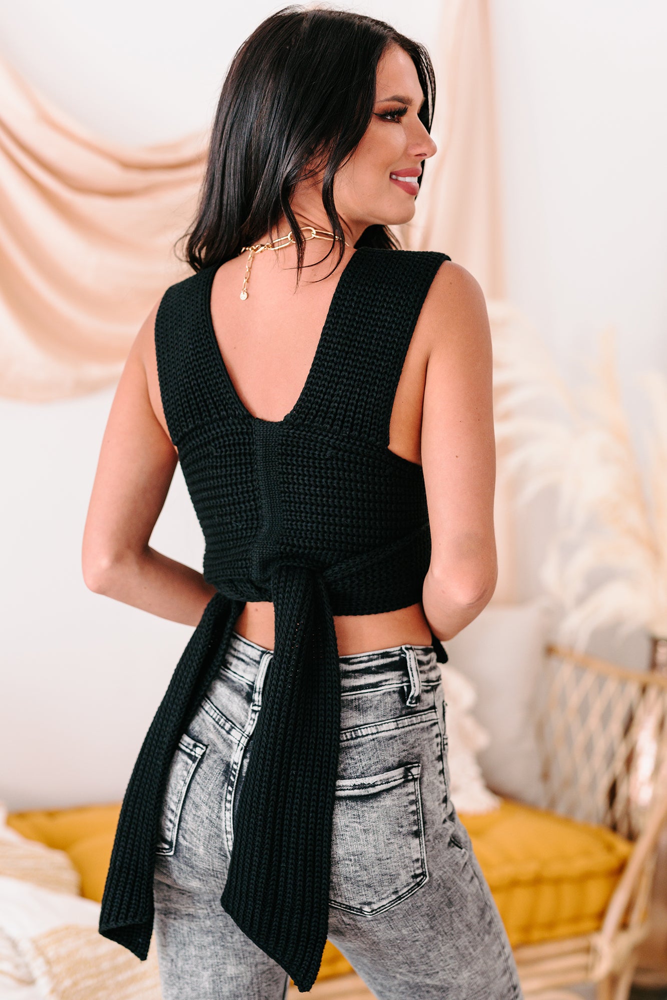 Strappy Hour Sweater Knit Wrap Top (Black) - NanaMacs