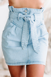Took Too Long Tie Belt Denim Skirt (Light Denim) - NanaMacs