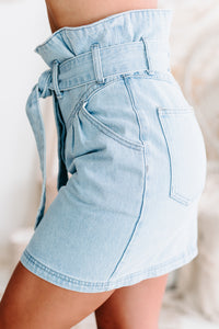 Took Too Long Tie Belt Denim Skirt (Light Denim) - NanaMacs