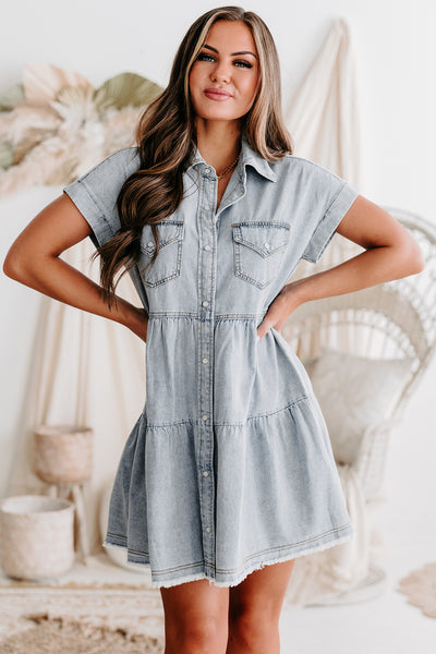 My True Affections Tiered Button-Down Denim Dress (Light Blue) - NanaMacs