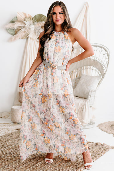 Meaningful Glances Floral Chiffon Halter Maxi Dress (Sand/Lavender) - NanaMacs