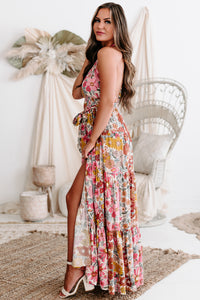 Sunny Soiree Halter Neck Floral Maxi Dress (Sand/Pink) - NanaMacs