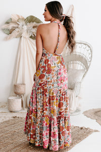 Sunny Soiree Halter Neck Floral Maxi Dress (Sand/Pink) - NanaMacs