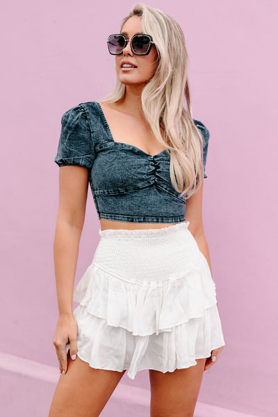 A Mind Of Her Own Sweetheart Neck Denim Crop Top (Denim) - NanaMacs